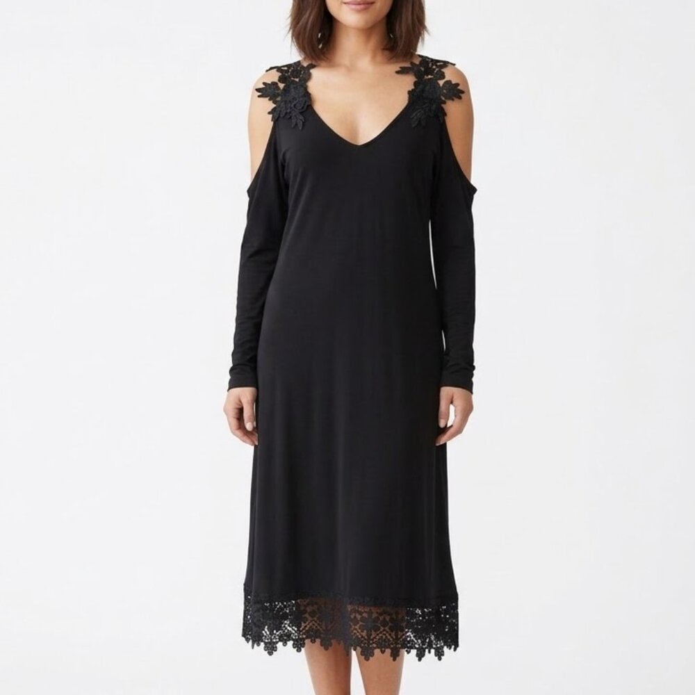 Dark Romantic Cold Shoulder Mini Dress with 3D Floral Appliqué Large